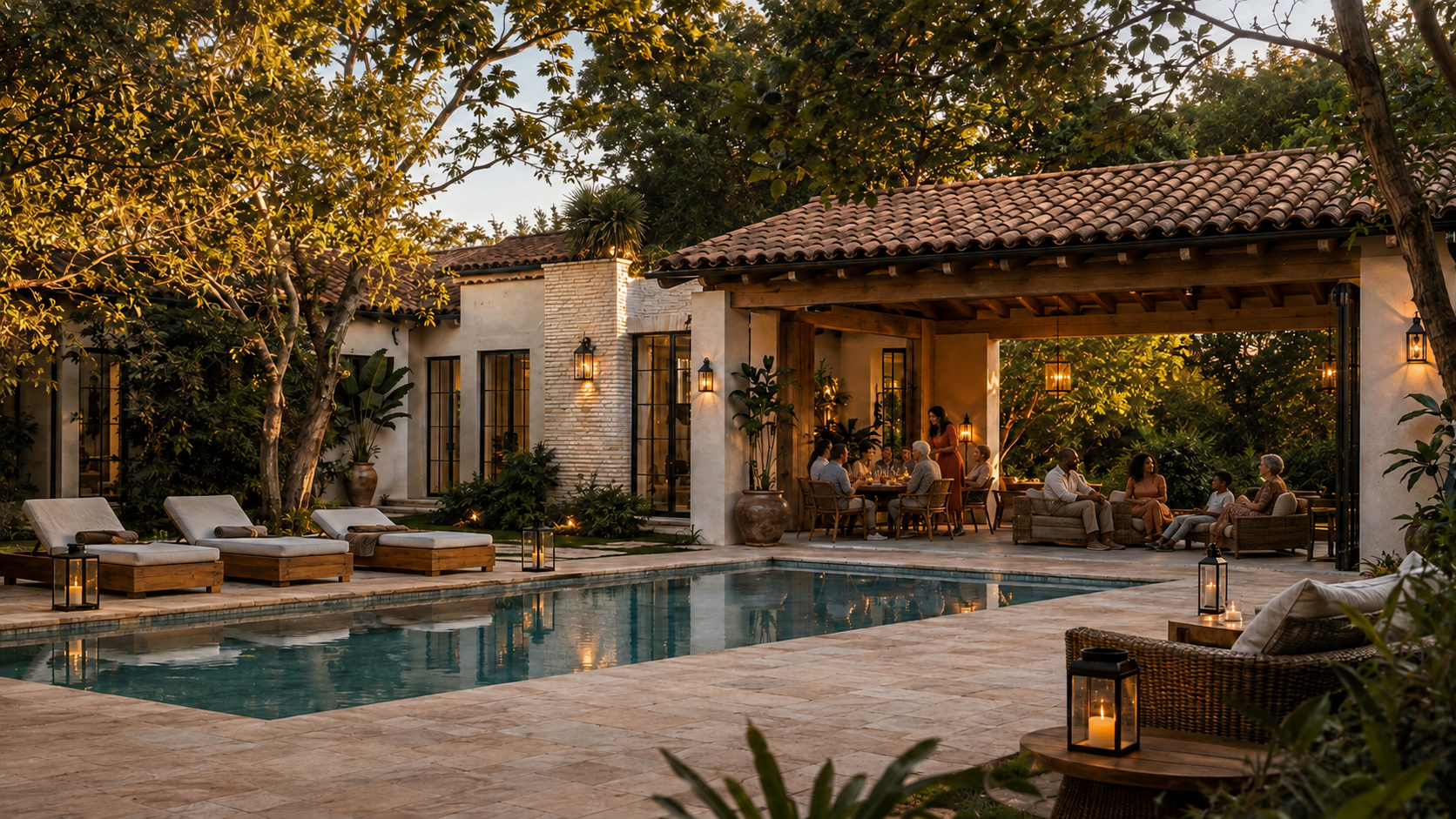 A multicultural, multigenerational family sharing dinner and conversation in a shaded South Florida courtyard beside the pool