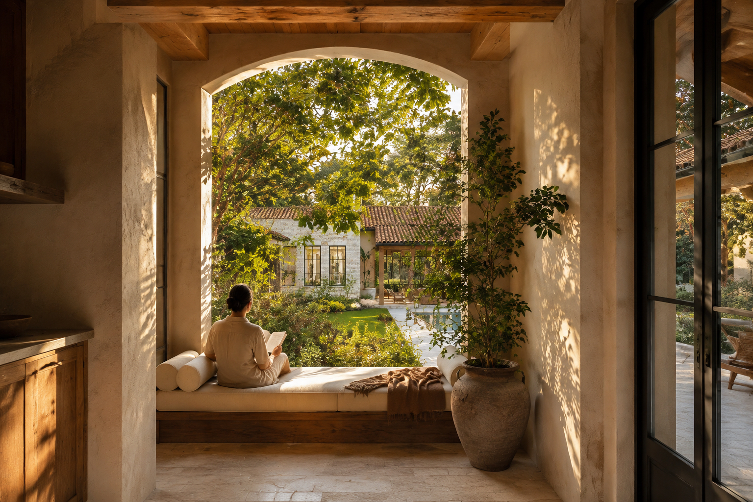 A person reading alone in a deep shaded window overlooking a tropical courtyard