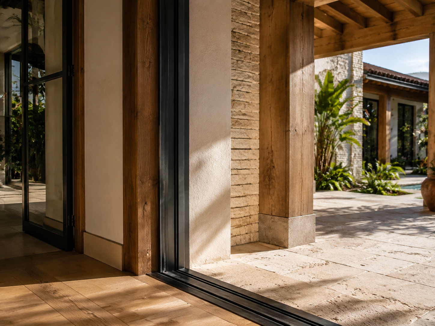 Detail of timber, steel, plaster, and limestone meeting at an indoor-outdoor threshold